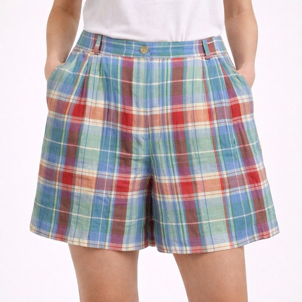 Talbots Plaid Linen Bermuda Shorts Size 10 High Rise Casual Resort Vacation